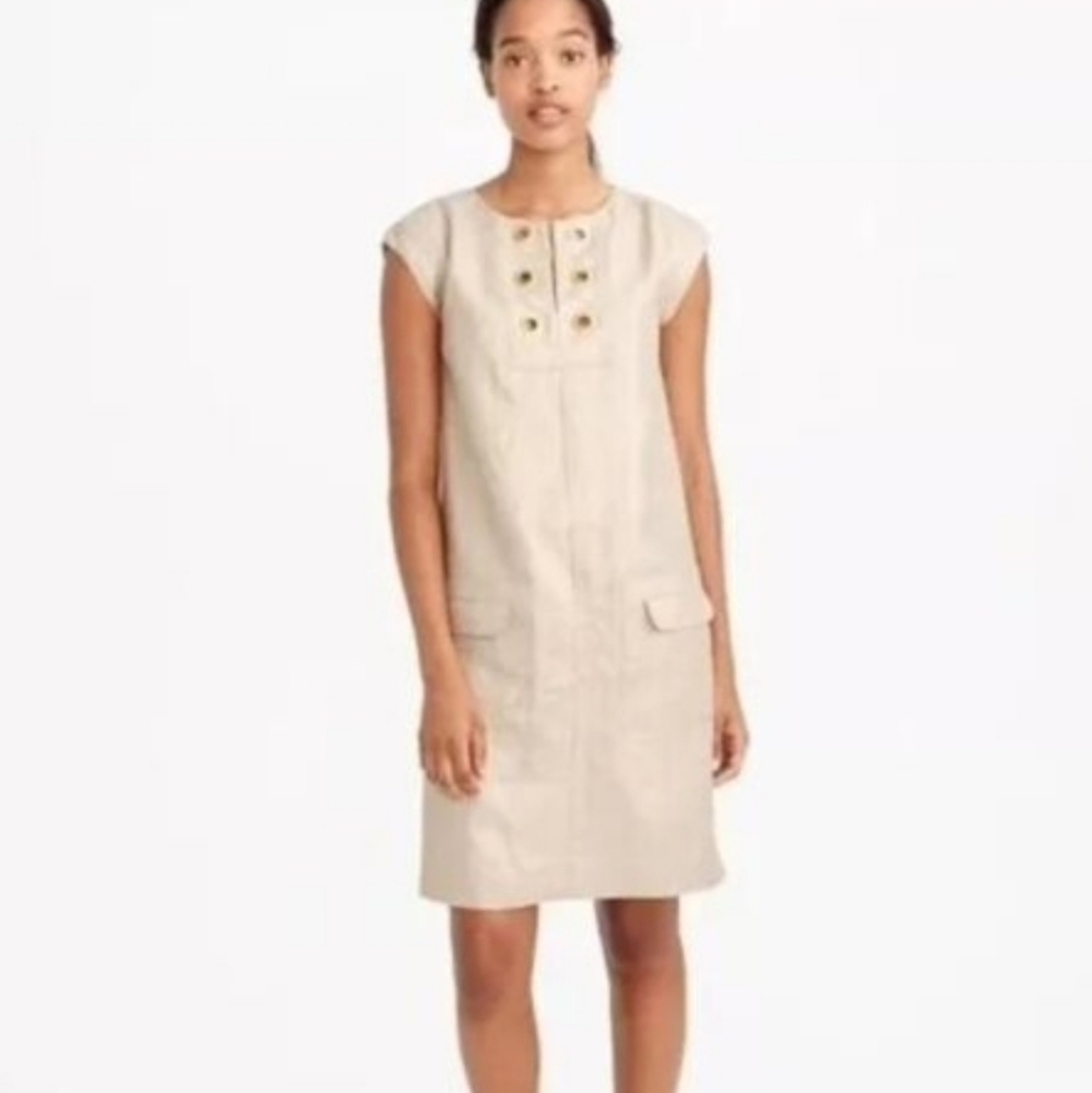 J Crew Pale Gold Beige Linen Shift Dress Grommets Metallic F2537
